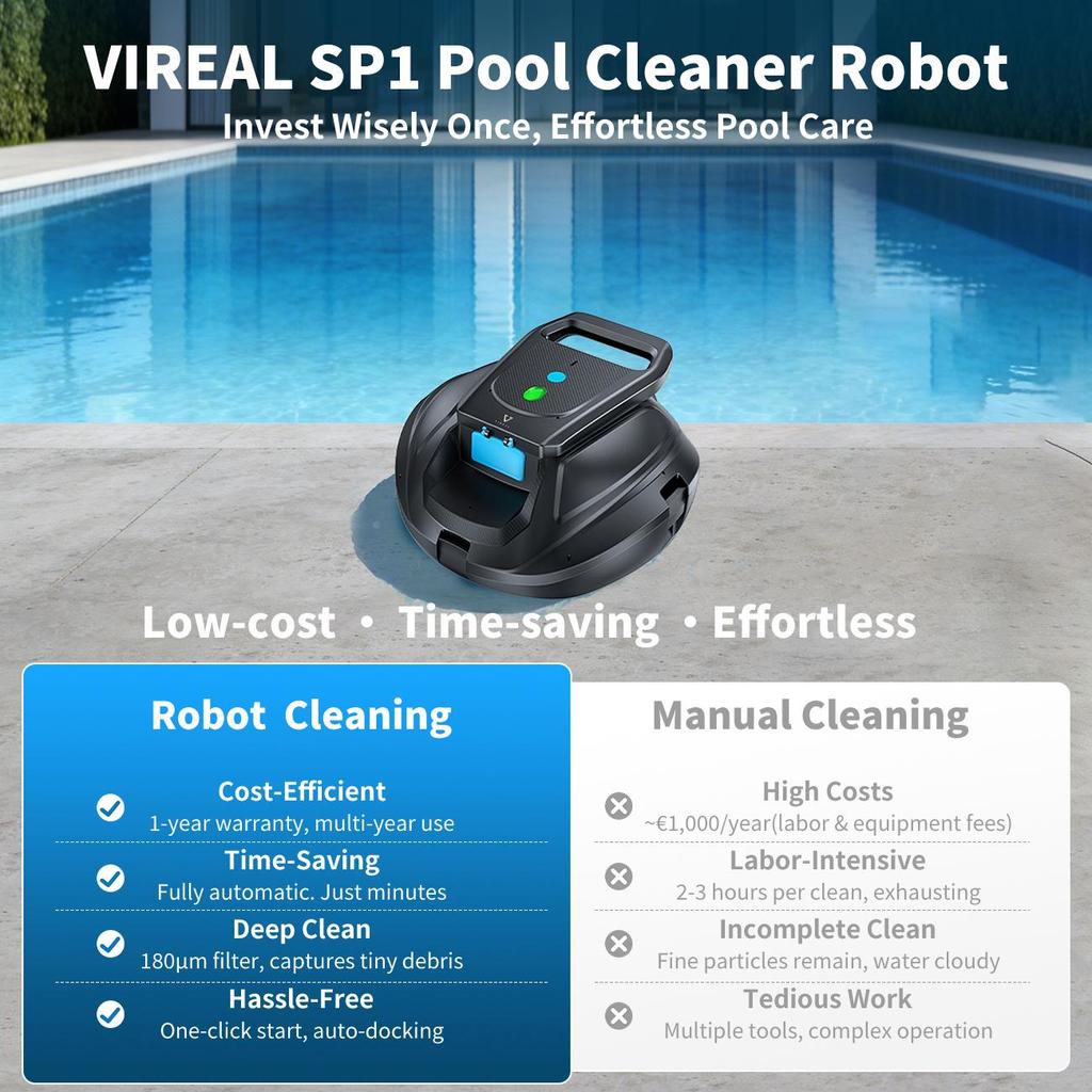 Робот-пылесос для бассейна VIREAL SP1: Время работы 130 минут, запуск в один клик, автоматическая стыковка. Покрытие до 80 м²