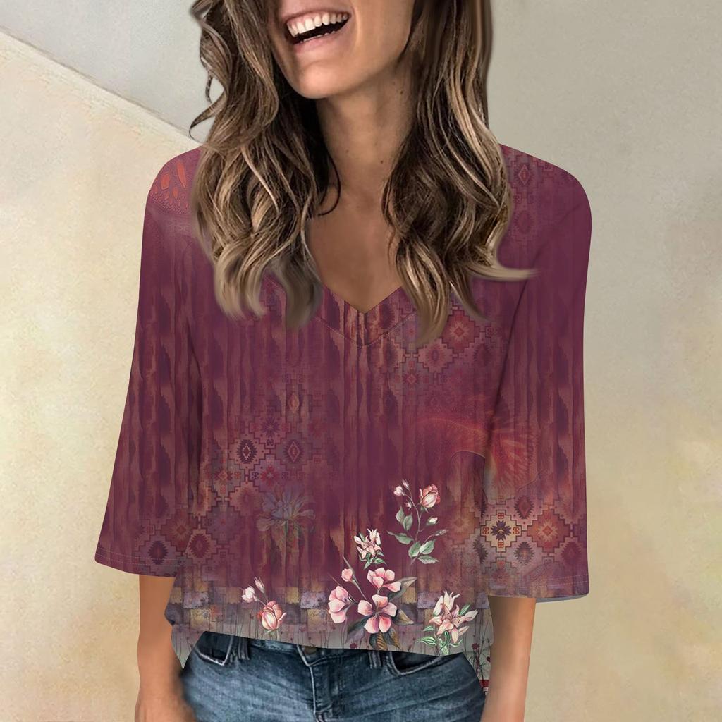 Женская мода и отдых Классический ретро-принт с рукавами 3/4 и v-образным вырезом реглан