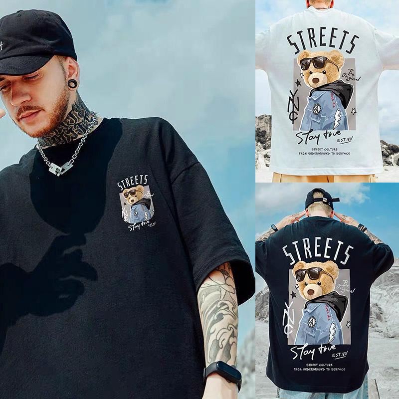 Негабаритные футболки с героями мультфильмов, аниме, модная мужская футболка с принтом медведя, негабаритная спортивная футболка с коротким рукавом