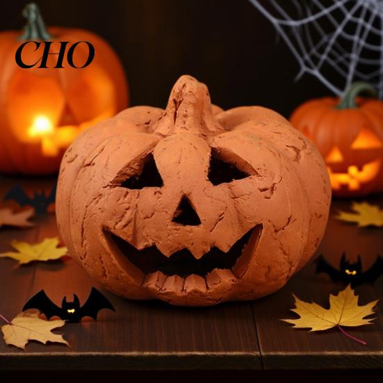 Cool Effect Pumpkin Statue Handcrafted Hand-Carved Resin Figurine Halloween Decor Tabletop Ornament for Home Party Terracotta