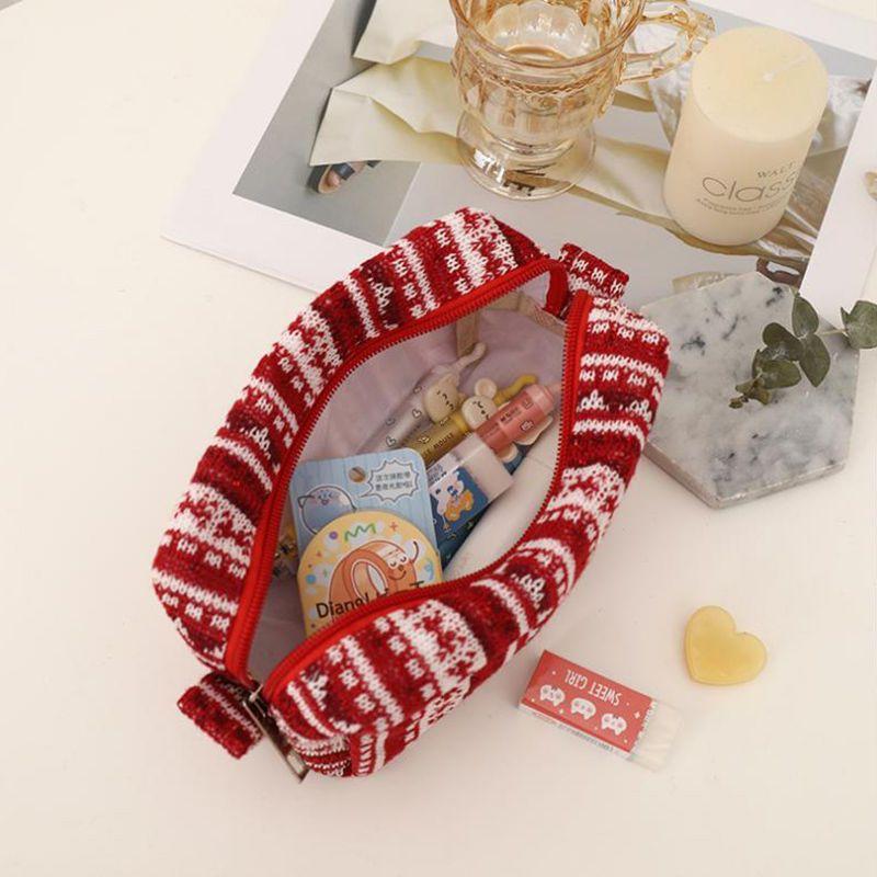 Красный вязаный шерстяной пенал, вместительная косметичка с осенне-зимним узором в виде снежинок, классическая сумка