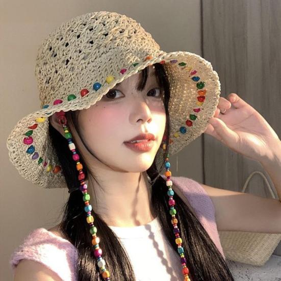 Women Straw Hat Wide Brim Breathable Straw Weaving Hat with Colorful Beads Decor Flexible Edges Sun Hat