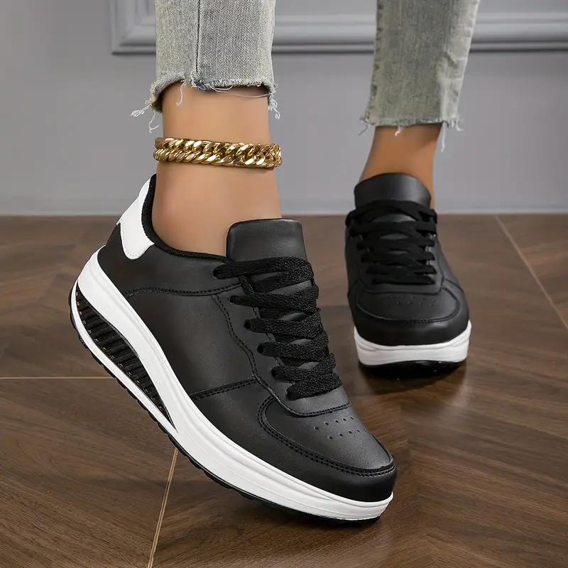 Women's Wedge Rocker Sneakers, Casual Lace Up Low Top Height Increasing Trainers, Comfort Walking Platform Shoes