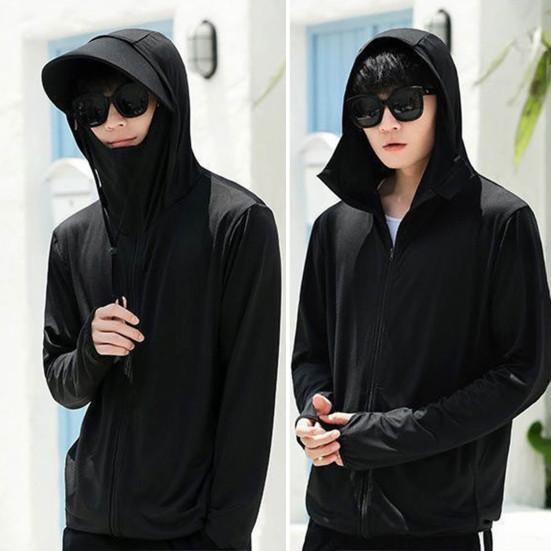 Yousheng Мужская летняя солнцезащитная одежда с капюшоном и шнурком с длинным рукавом, пальто с защитой от ультрафиолета, сплошной цвет, на молнии, анти-УФ-одежда для рыбалки