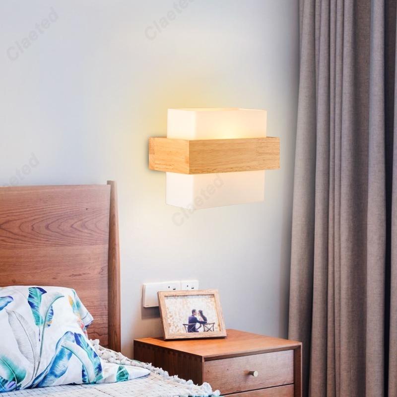 LED Glass Lampshade E27 Wooden Wall Lamp Bedroom Bedside Wall Lamp Home Living Room Bedroom Hallway Balcony Lighting Fixture