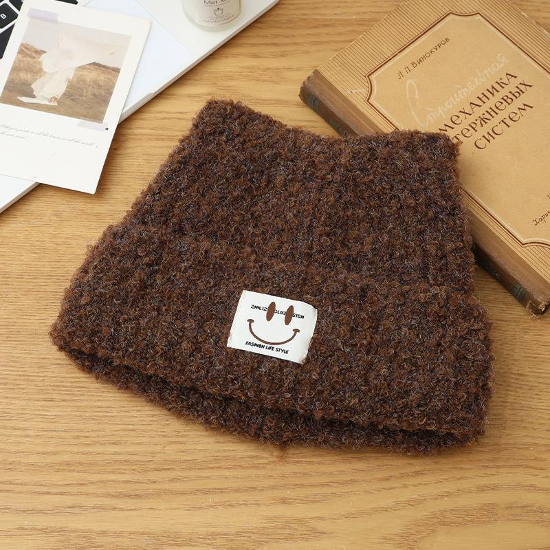 Autumn and Winter Hats Women's Cat Ears Cute Smiley Face Plush Thermal Hat Ear Protector Versatile Knitted Wool Hat