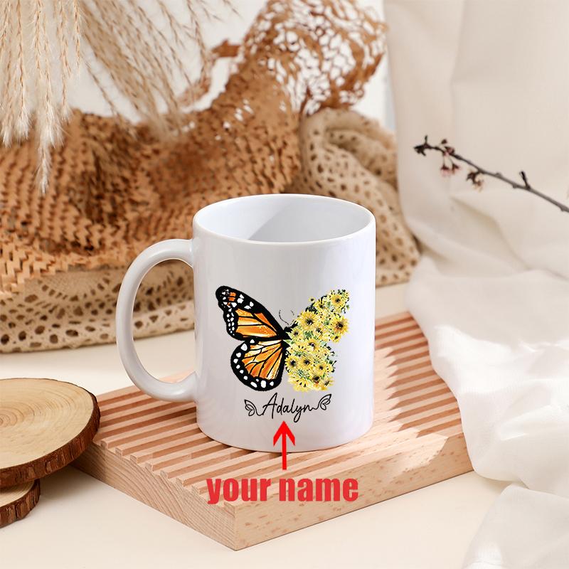 Retro Butterfly Personalized Name Ceramic Cup with Handle White Mug Reusable Drink Coffee Cup Wedding Birthday Party Custom Gift