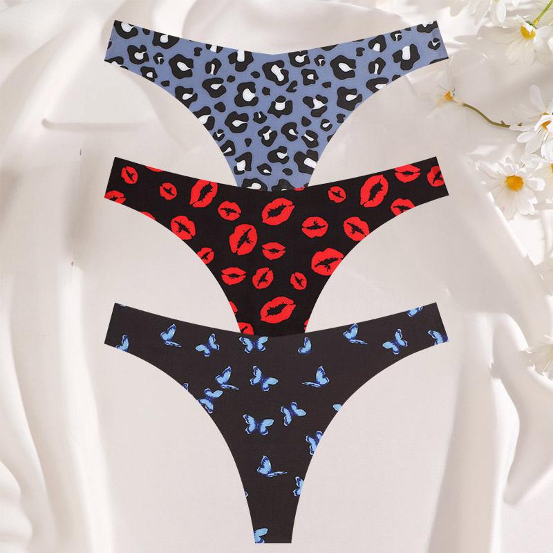 FINETOO 3 шт./компл. сексуальные стринги для женщин из ледяного шелка, цельные бесшовные трусики для девочек, свежее нижнее белье с низкой талией и принтом