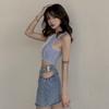 Women’s Summer Color Patchwork Vest Fashion Round Neck Exposed Navel Sleeveless Bottoming Top Ladies Slim Casual Tank Top