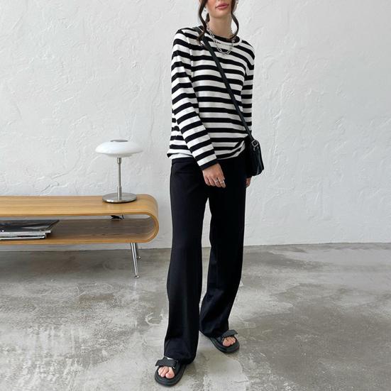 Женские топы с круглым вырезом и длинным рукавом, полосатый принт, свитер свободного кроя, эластичный