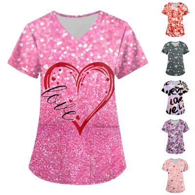 Женские топы с короткими рукавами и v-образным вырезом с принтом в виде сердечек на День святого Валентина, рабочая блузка с карманами