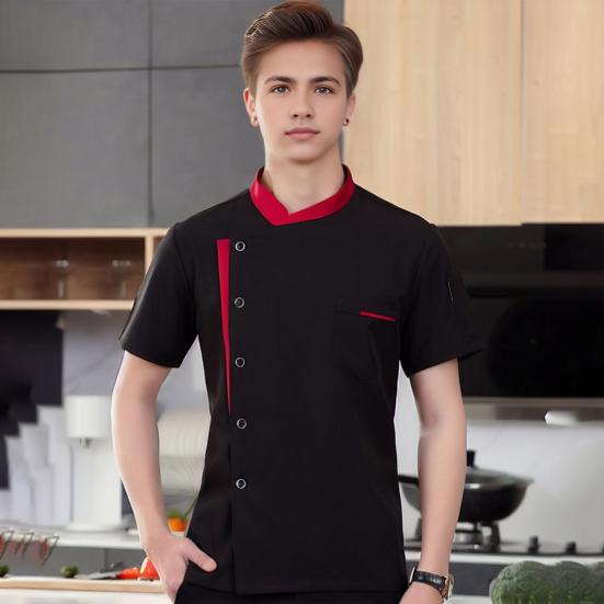 Унисекс рубашка шеф-повара с мягким воротником-стойкой, однобортная, с короткими рукавами, нагрудными карманами, ресторан, закусочная, кухня