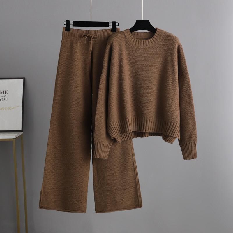 GMXIA Autumn and Winter Fashion Casual Knitted Suit Pants, Loose Sweater, Wide-leg Pants, Long Pants Two-piece Set