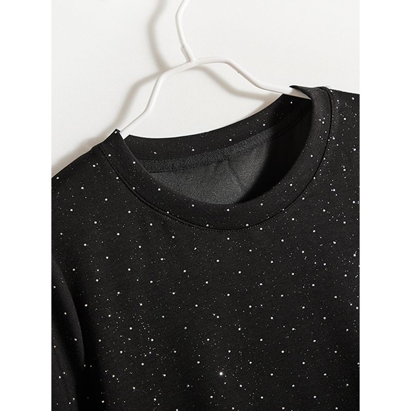 Is Drop-Shaped Diamond! Young Ins Women's Polyester Cotton Round Neck Pleated Fishtail Black Slim Looking T-shirt Spring, Summer, Autumn and Winter