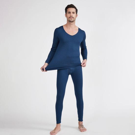 2 Pcs/Set Winter Men Thermal Underwear Set V Neck Long Sleeve Warm Thick Plush Seamless Pure Color Slim Fit Elastic Men Pajamas Set Sports Tracksuit