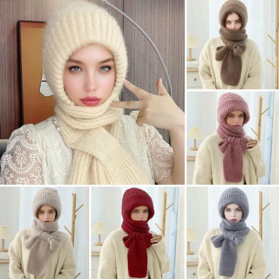 Winter Knit Hat with Integrated Scarf Solid Color Thickened Velvet Women Hat Long Scarf Set Cold Weather Headwear