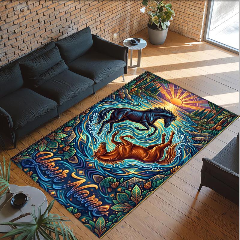 Horse Theme Crystal Velvet Floor Rug Personalized Custom Name Text Warm Carpet Home Decoration