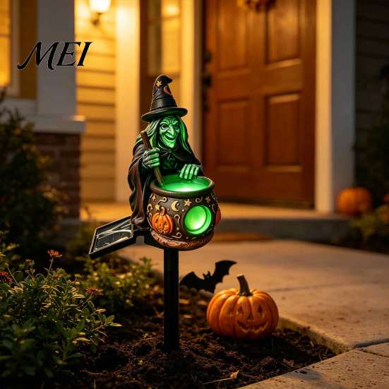 Spooky Porch Party Accessories Solar Witch Cauldron Garden Stake Light, Resin Halloween Glowing Pathway Whimsical Hat Figurine Lamp, Waterproof