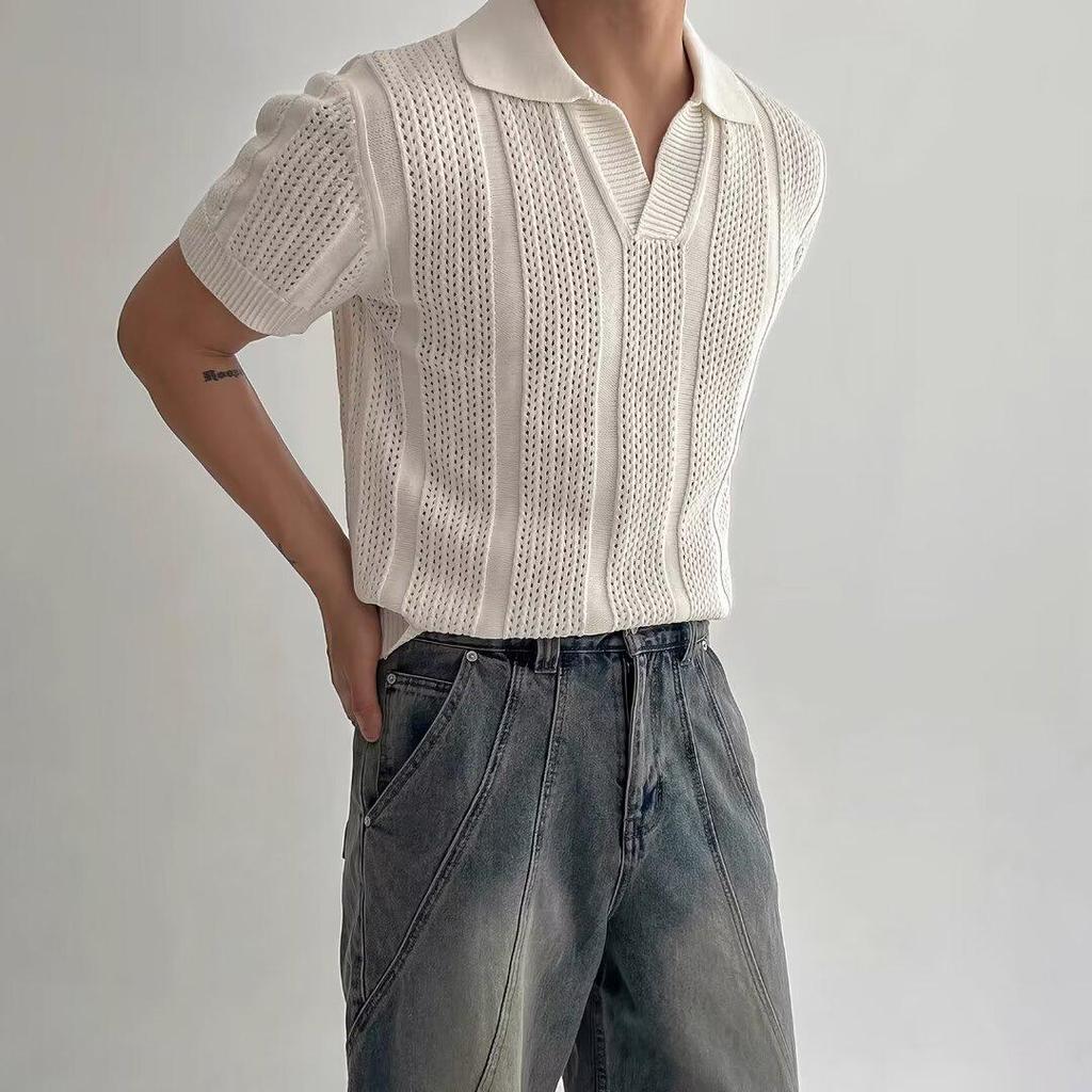 Мужская летняя рубашка-поло в корейском стиле с ажурной сеткой