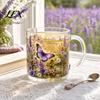 Unique Painted Glass Mug Morning Tea Cup, Hummingbird Flower Pattern Tumbler with Gold Rim, Nature Elegant Edge Cup Themed Glassware for Coffee Juice