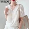 Elegant V-neck Short Sleeve Shirt Summer Ice Silk Lace Blouse Sweater Women Casual Hollow Out Tops Lady Loose T-shirt