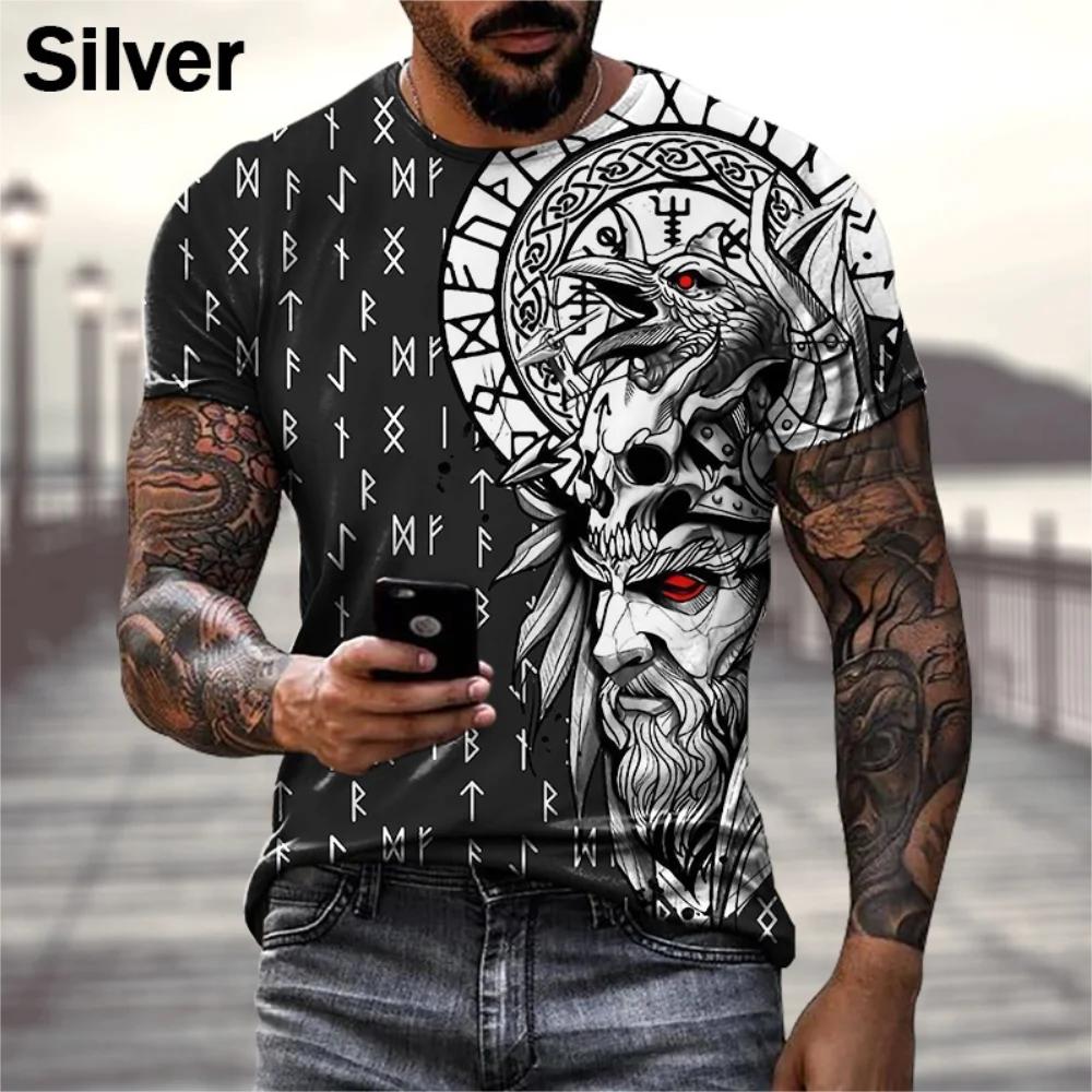 Europe And America Viking Tattoo Art T shirt Men's 3D Print T-shirts Summer Casual Sports Short Sleeve Retro Tops