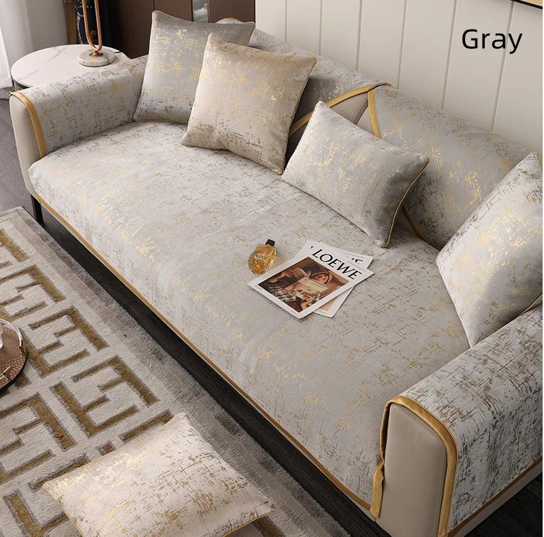 High-end Black Gold Leather Sofa Cushion Modern Non-slip Anti Cat Scratching Chair Pad Satin Edging Recliner Cover Towel Winter