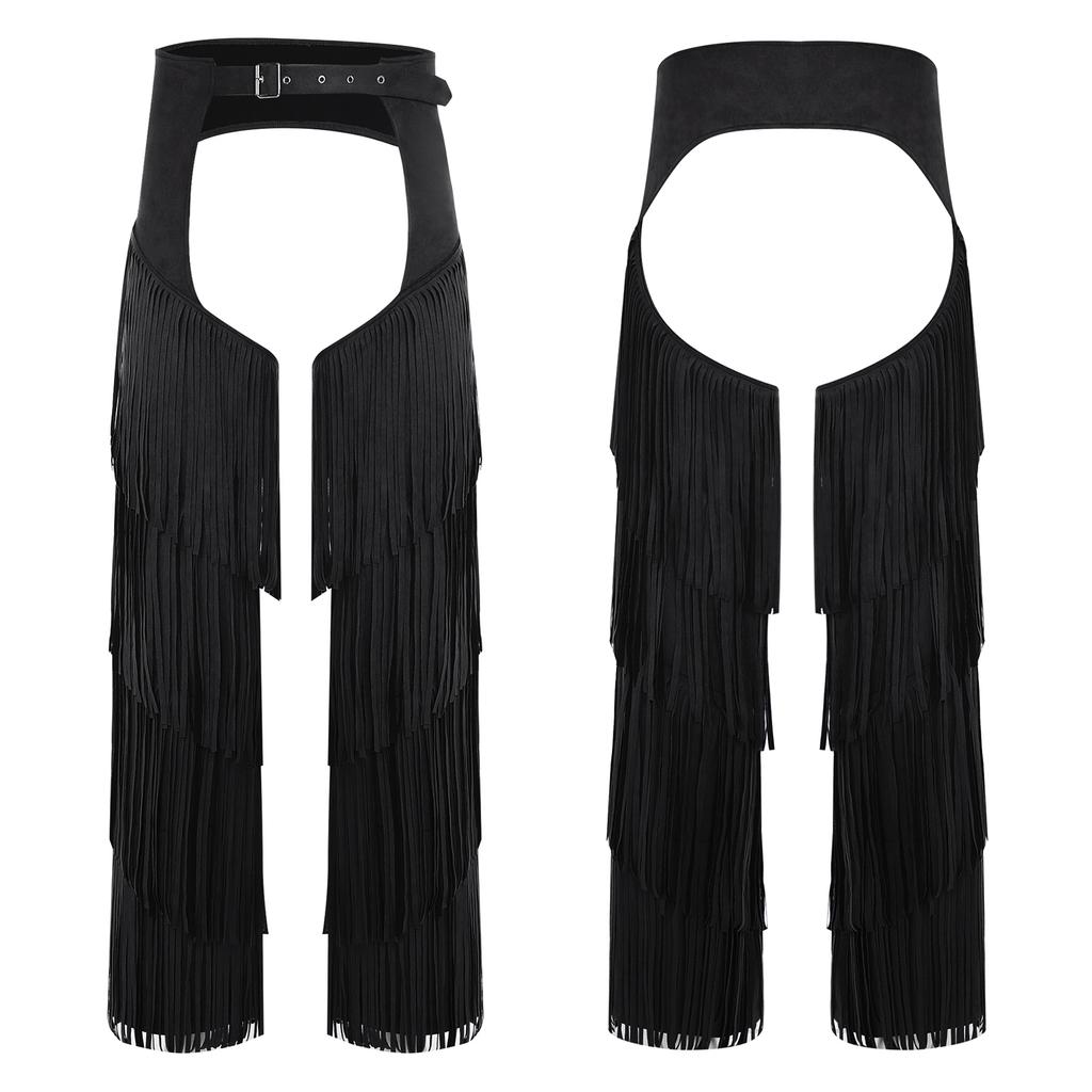 Adjustable Buckles Western Pants S-3XL for Adults Men - Cowboy Open Crotch Buttless Style with Layered Fringe for Raves Christmas Parties