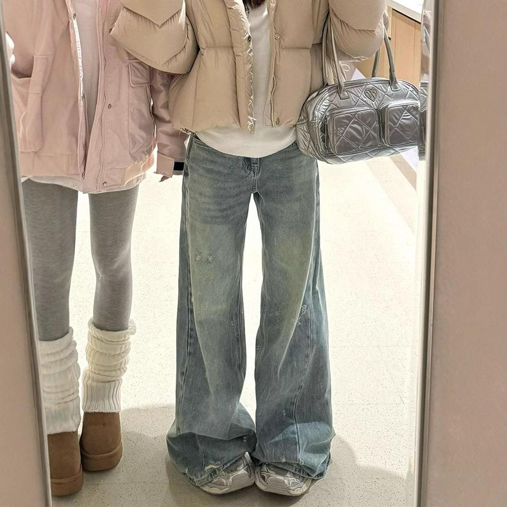 Фигура-груша Толстые ноги Широкая промежность Брюки Женские Рваные джинсы Свободные Большой размер Прямые Микро-клеш Широкие брюки Длинные джинсовые брюки