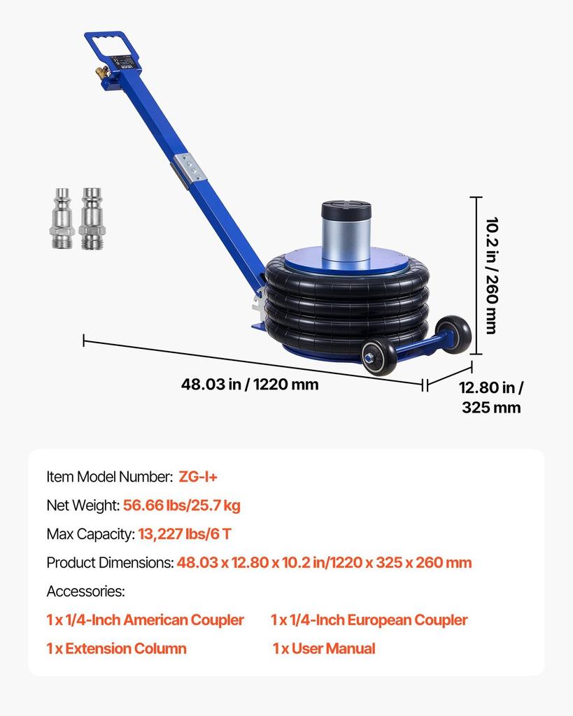 Air Jack, 6 Ton Quadruple Bag Airbag Jack, Lift Up to 673 mm with Heightened Column, Adjustable Handle & Thick Rubber Pad, 2-5 s Fast Lifting