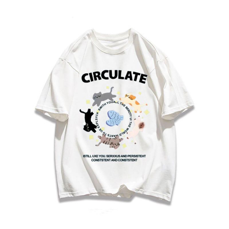 Женский летний новый свободный повседневный топ с короткими рукавами и принтом котят