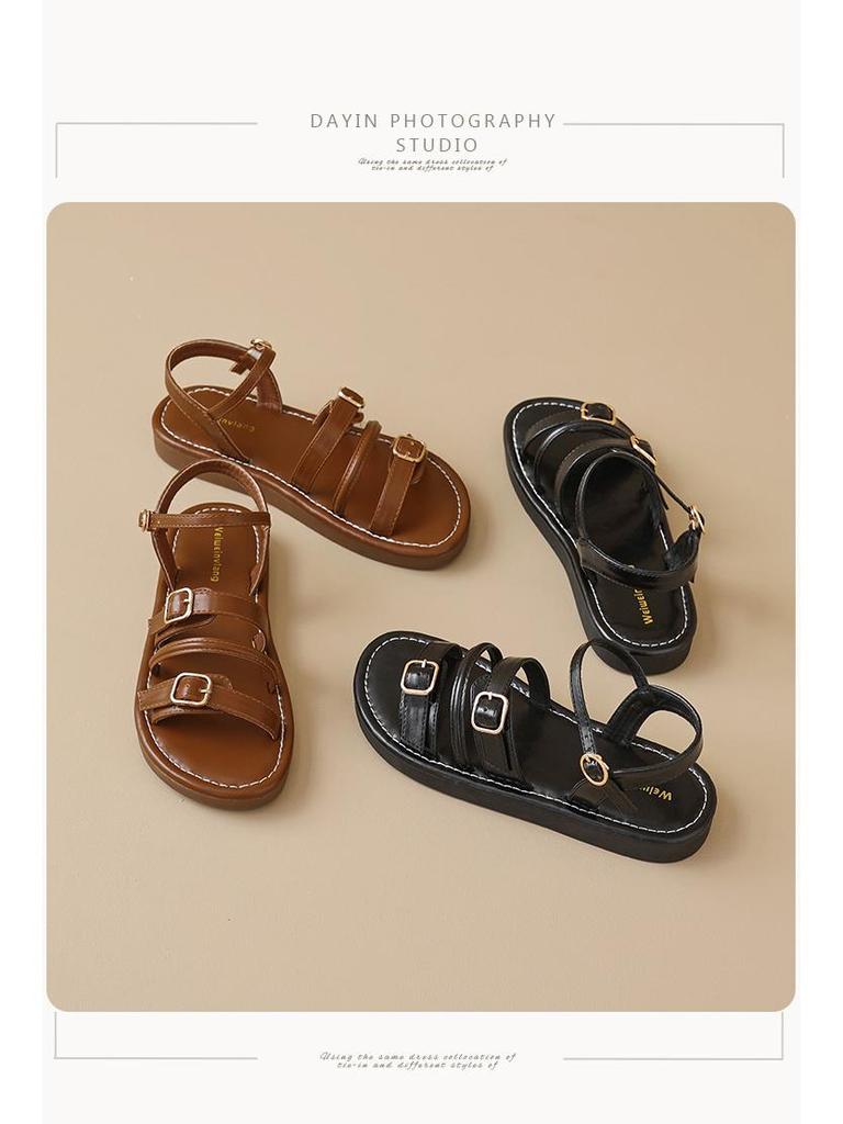 Weiwei Girl 020-1 French Style Flat Roman Sandals - Summer 2024 Women's One-Strap Shoes