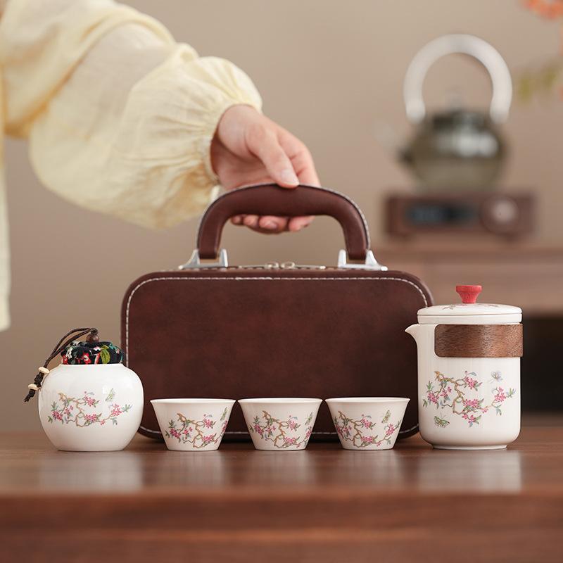 Dehua Ceramics Travel Business Trip Tea Set Fresh Wisteria Flower Ancient Rhyme Portable Car Tea Set Customized Gifts
