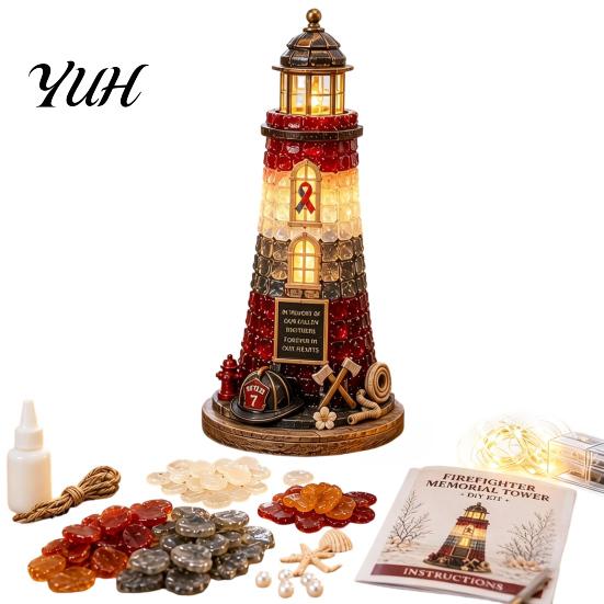 Unique Shelf Ornaments Mosaic Firehouse Craft Kit, Lighted Tower DIY 3D Sea LED String Light Crafts Glass Kit with Warm Lights for Adults, Handmade