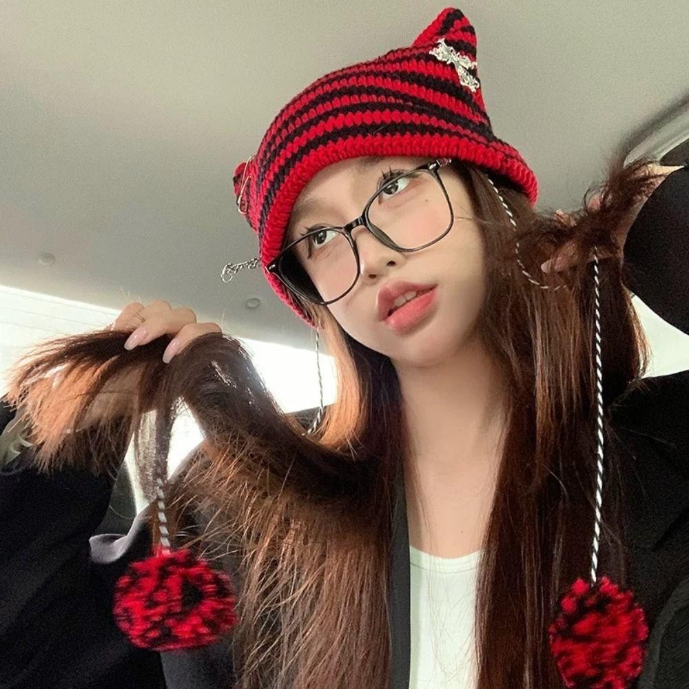 Hats Autumn Winter Pointed Pullover Striped Ins Little Devil Japanese Beanie Hat Knitted Wool Cap
