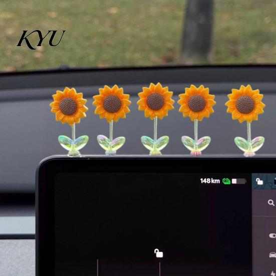 Gift for New Drivers 5Pcs Wobble Sunflower Car Dashboard Decor, Resin Spring Flower Ornament Cute Desk Ornaments with Non Slip Adhesive, Shaking