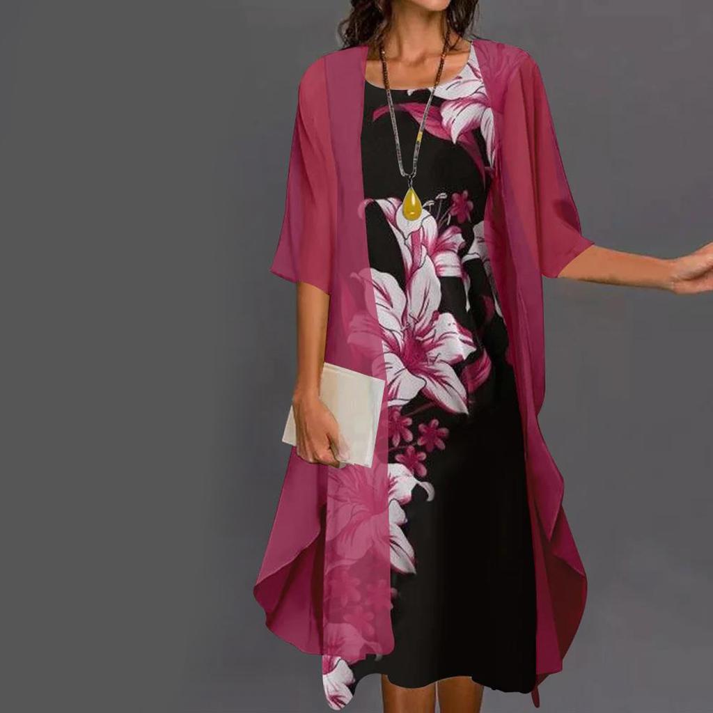 Ladies Tank Top Sleeveless Printed Dress Chiffon Cardigan Set Holiday Dress For Women