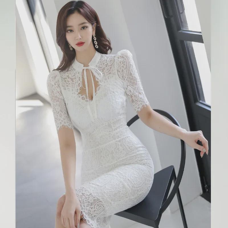 Платье-трансформер Celebrity Lace V-Neck Slim Dress - Женская юбка в корейском стиле, облегающая бедра