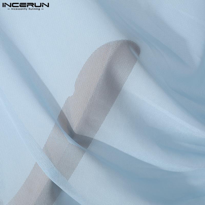 INCERUN Мужские прозрачные топы с длинным рукавом и оборками для клубной вечеринки, короткие сетчатые футболки