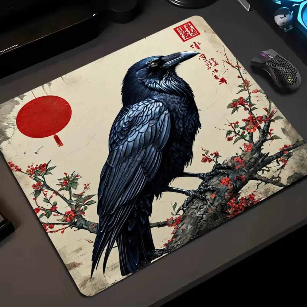 Chinese Ink Wash Crow Art Gaming Mouse Pad Small Deskmat Anti‑slip Lock Edge Speed Mousepad Pc Laptop Gamer Desk Protector