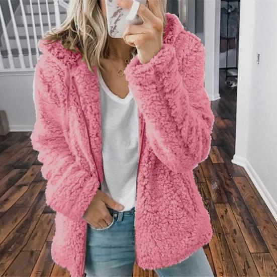 Women Winter Sherpa Fleece Short Jacket Hooded Zipper Cardigan Coat Warm Casual Solid