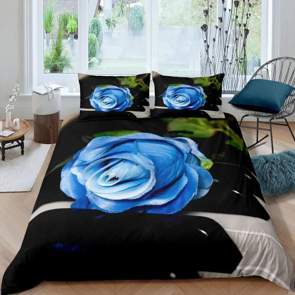 Blue Rose Duvet Cover Set King Size 3D Printed Blossom Flowers Bedding Set Valentine'S Day Botanical Polyester Comforter Cover