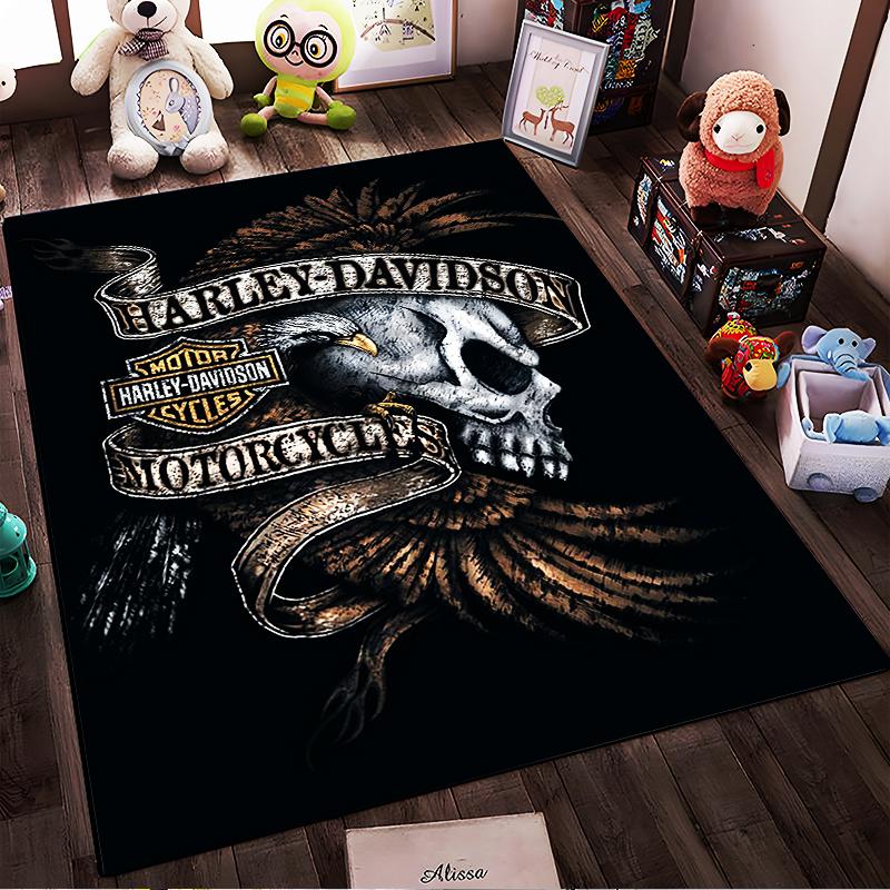 Skull and Eagle Harley Davidson Motorcycle Logo Black Rug Decor Suitable for use as an anti-slip for living room bedroom sofas