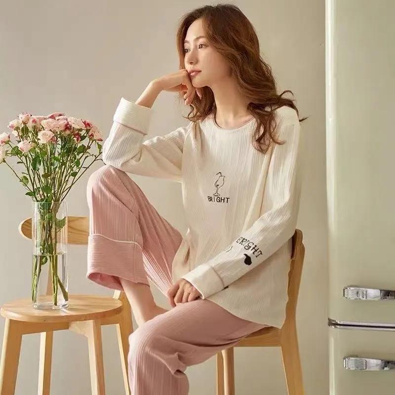 Women Long Sleeve Pajamas Set Cotton Soft Sleepwear Cartoon Cute Women's Pajama Tops and Pants Suit Pullover O Neck Spring Autumn Winter Home Wear