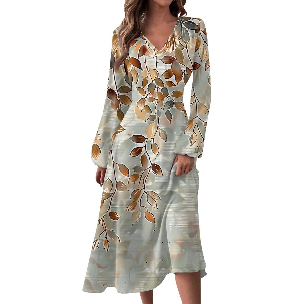 Женское и зимнее повседневное модное длинное платье с V-образным вырезом и длинными рукавами