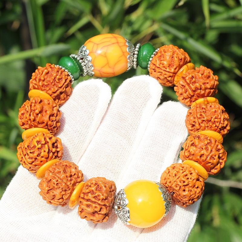 Tibetan Vajra Bodhi Seeds Bracelet with Amber, Men's Ethnic Style Prayer Beads