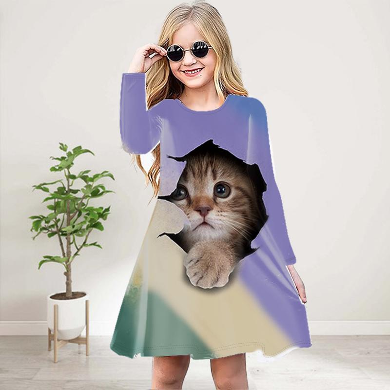 Girl Casual 3D Print Texture Cat Round Neck Long Sleeve Dress Kid Princess Dress