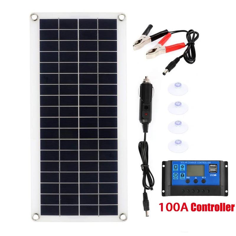 Портативная гибкая солнечная панель с двумя USB-солнечными элементами и контроллером 10A-100A Power Bank солнечное зарядное устройство для телефона кемпинг на открытом воздухе