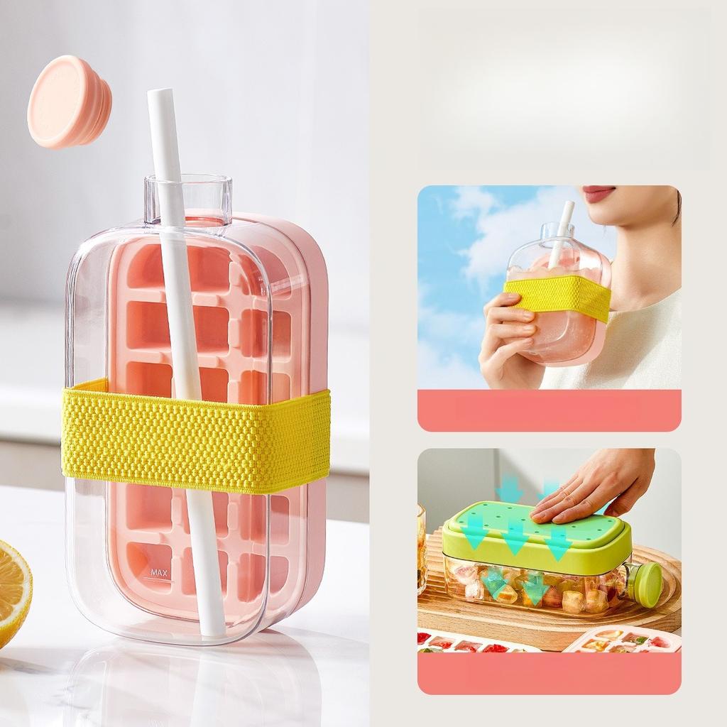 2 in 1 Ice Cube Mold Tray Bottle Cooler Cup with Straw Press-to-Release Silicone Tray for Freezer Ice Cube Bottle Cup for Summer