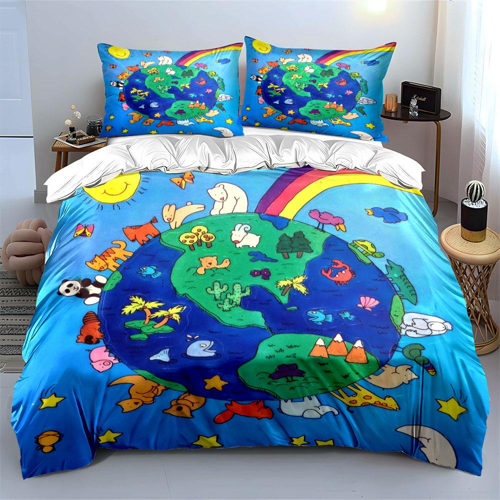 Kids Educational Earth Animals Set Bedding Set with 1 Duvet Cover 2 Pillowcases Single Double King Queen, Gift